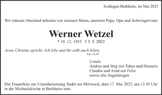 Traueranzeige von Werner Wetzel von Eßlinger Zeitung/Cannstatter Zeitung