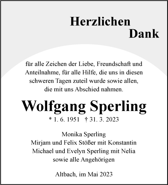 Traueranzeige von Wolfgang Sperling von Eßlinger Zeitung/Cannstatter Zeitung