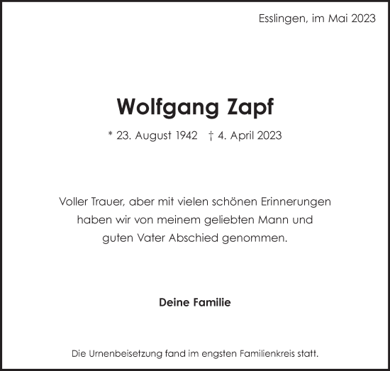 Traueranzeige von Wolfgang Zapf von Eßlinger Zeitung/Cannstatter Zeitung
