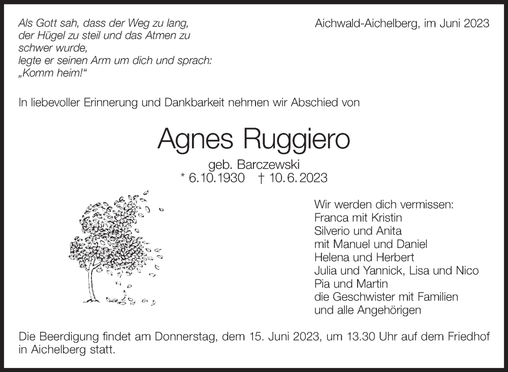 Traueranzeige für Agnes Ruggiero vom 14.06.2023 aus Eßlinger Zeitung/Cannstatter Zeitung
