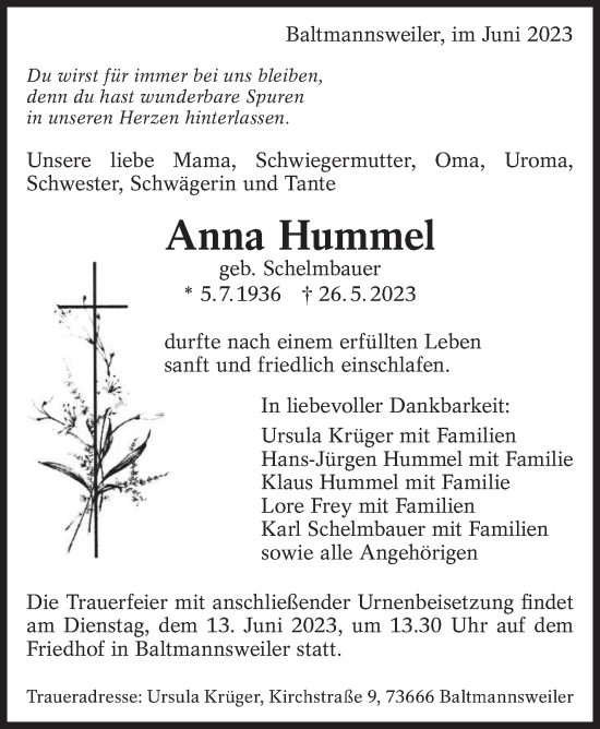 Traueranzeige von Anna Hummel von Eßlinger Zeitung/Cannstatter Zeitung