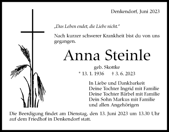 Traueranzeige von Anna Steinle von Eßlinger Zeitung/Cannstatter Zeitung