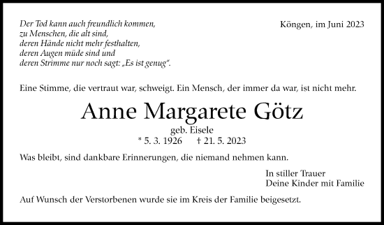 Traueranzeige von Anne Margarete Götz von Eßlinger Zeitung/Cannstatter Zeitung