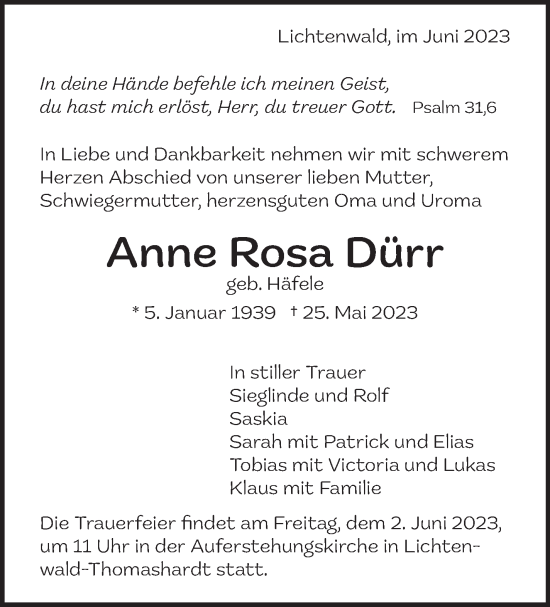 Traueranzeige von Anne Rosa Dürr von Eßlinger Zeitung/Cannstatter Zeitung