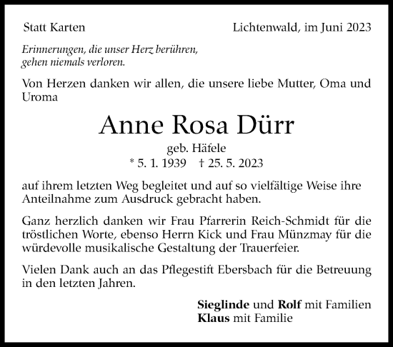 Traueranzeige von Anne Rosa Dürr von Eßlinger Zeitung/Cannstatter Zeitung