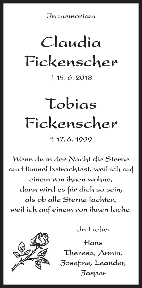 Traueranzeige von Claudia Fickenscher von Eßlinger Zeitung/Cannstatter Zeitung