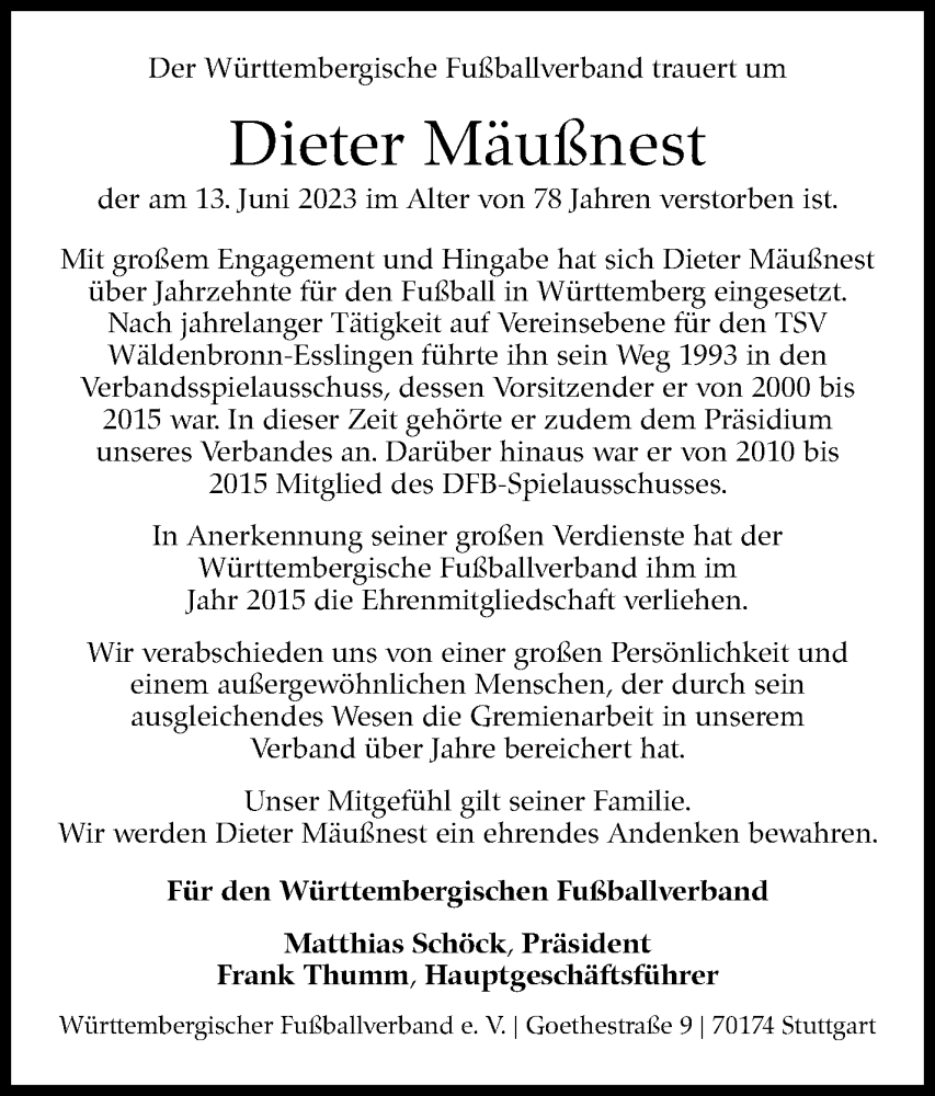  Traueranzeige für Dieter Mäußnest vom 22.06.2023 aus Eßlinger Zeitung/Cannstatter Zeitung