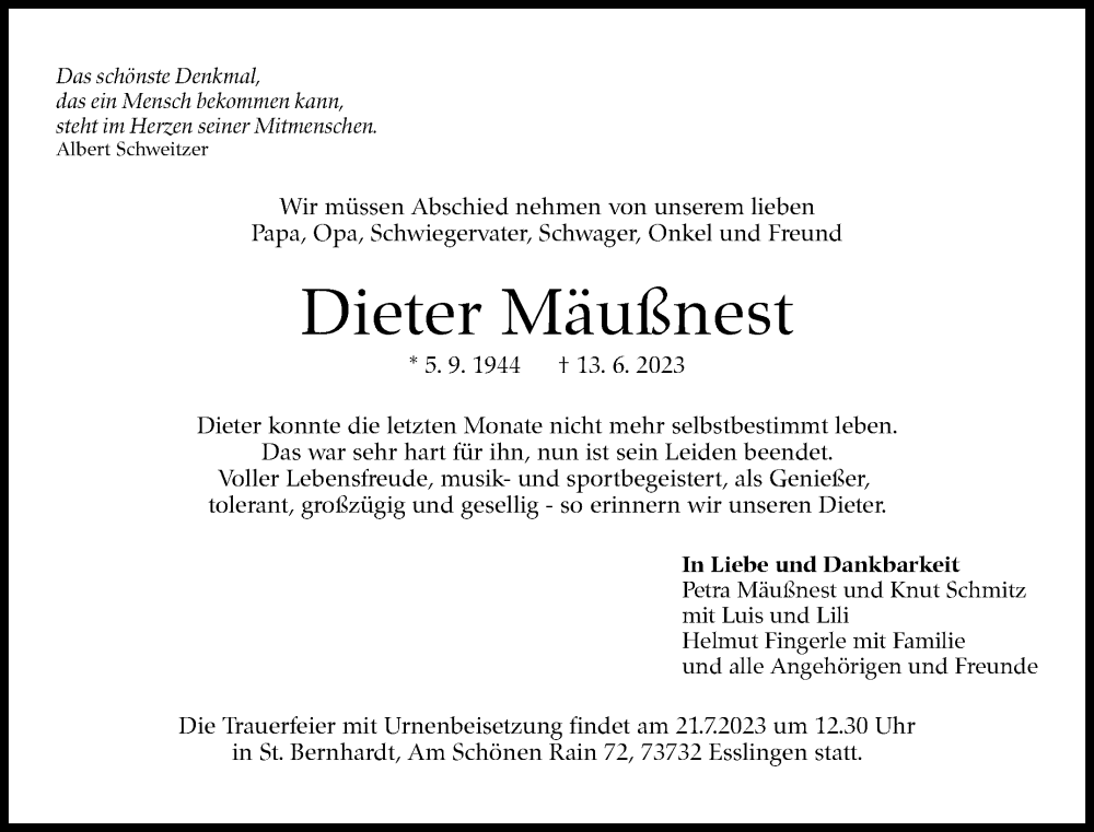  Traueranzeige für Dieter Mäußnest vom 22.06.2023 aus Eßlinger Zeitung/Cannstatter Zeitung