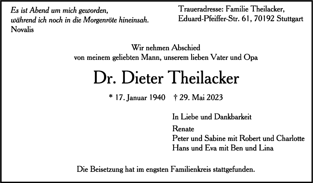  Traueranzeige für Dieter Theilacker vom 10.06.2023 aus Eßlinger Zeitung/Cannstatter Zeitung