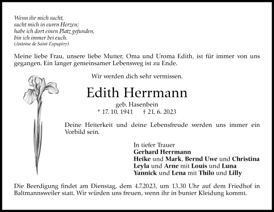 Traueranzeige von Edith Herrmann von Eßlinger Zeitung/Cannstatter Zeitung