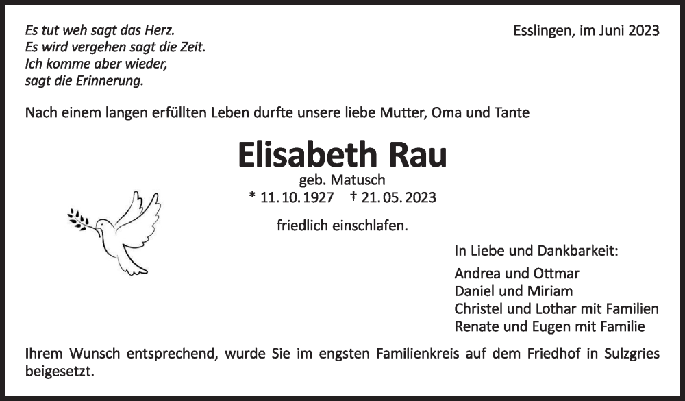  Traueranzeige für Elisabeth Rau vom 17.06.2023 aus Eßlinger Zeitung/Cannstatter Zeitung