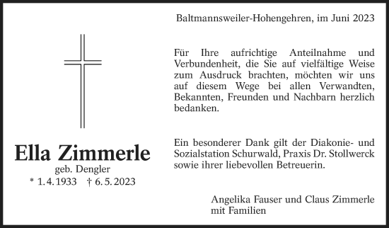 Traueranzeige von Ella Zimmerle von Eßlinger Zeitung/Cannstatter Zeitung