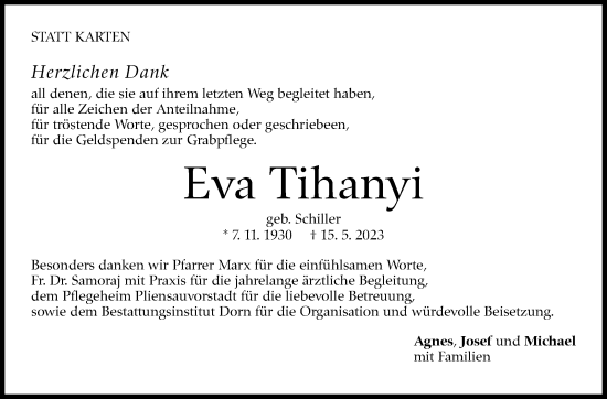 Traueranzeige von Eva Tihanyi von Eßlinger Zeitung/Cannstatter Zeitung