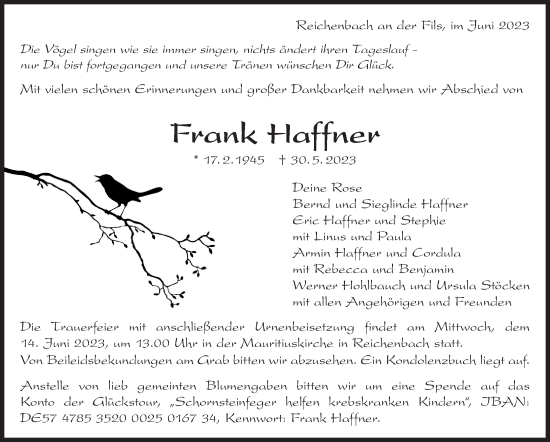 Traueranzeige von Frank Haffner von Eßlinger Zeitung/Cannstatter Zeitung