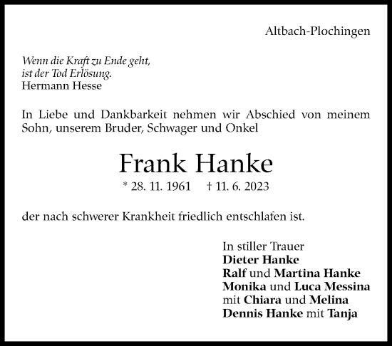 Traueranzeige von Frank Hanke von Eßlinger Zeitung/Cannstatter Zeitung