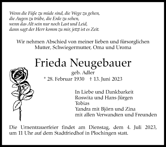 Traueranzeige von Frieda Neugebauer von Eßlinger Zeitung/Cannstatter Zeitung