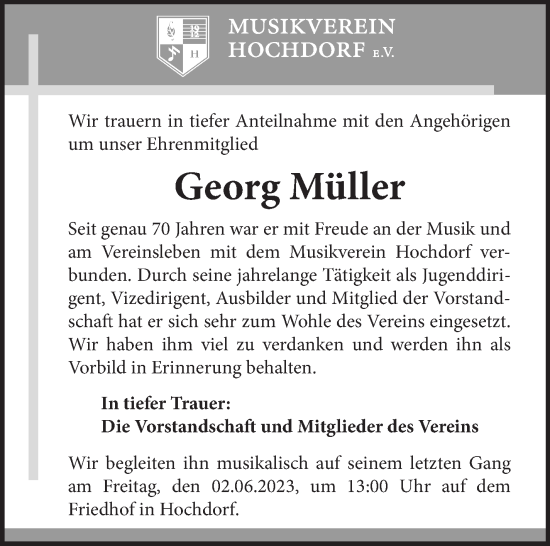 Traueranzeige von Georg Müller von Eßlinger Zeitung/Cannstatter Zeitung