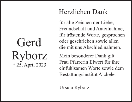 Traueranzeige von Gerd Ryborz von Eßlinger Zeitung/Cannstatter Zeitung