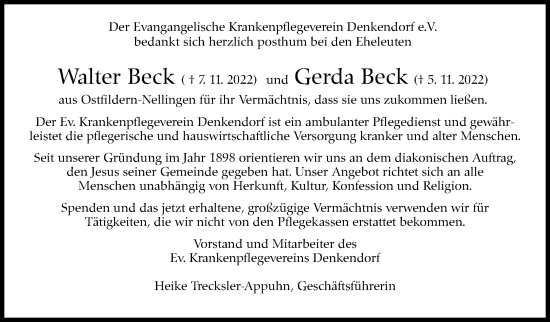 Traueranzeige von Gerda Beck von Eßlinger Zeitung/Cannstatter Zeitung
