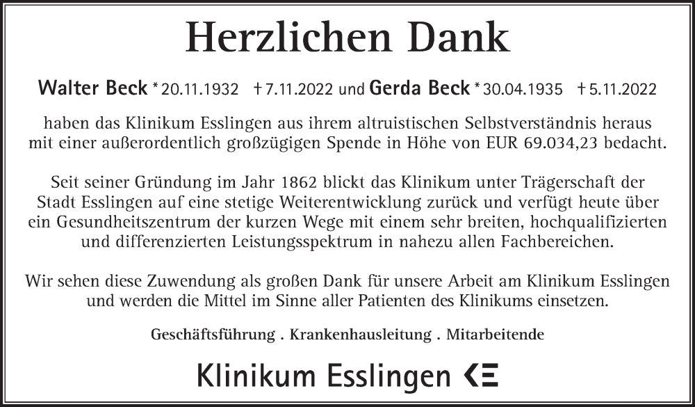  Traueranzeige für Gerda Beck vom 17.06.2023 aus Eßlinger Zeitung/Cannstatter Zeitung