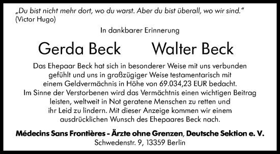 Traueranzeige von Gerda Beck von Eßlinger Zeitung/Cannstatter Zeitung