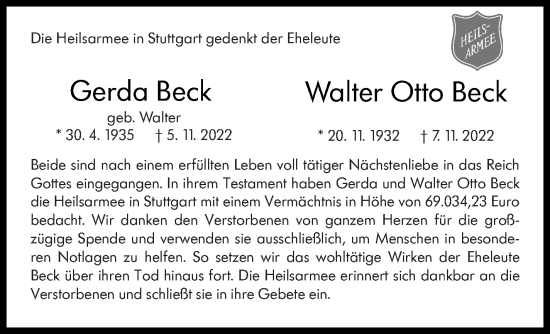 Traueranzeige von Gerda Beck von Eßlinger Zeitung/Cannstatter Zeitung