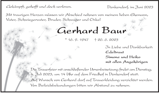 Traueranzeige von Gerhard Baur von Eßlinger Zeitung/Cannstatter Zeitung