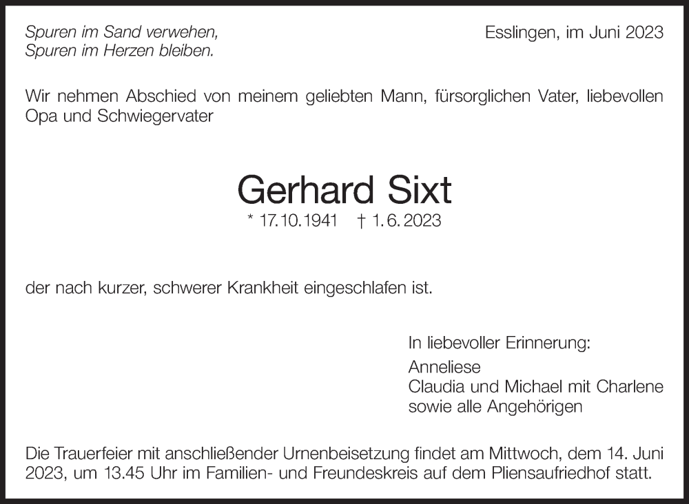  Traueranzeige für Gerhard Sixt vom 07.06.2023 aus Eßlinger Zeitung/Cannstatter Zeitung
