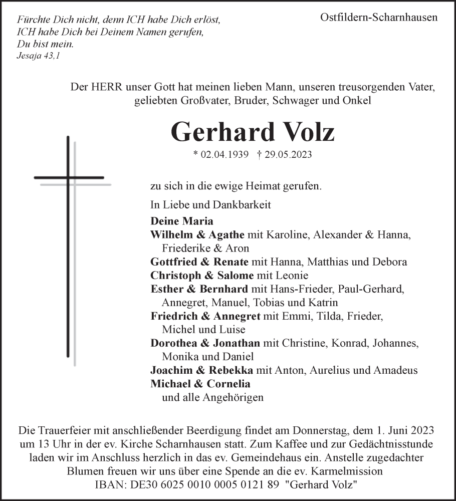 Traueranzeige für Gerhard Volz vom 01.06.2023 aus Eßlinger Zeitung/Cannstatter Zeitung