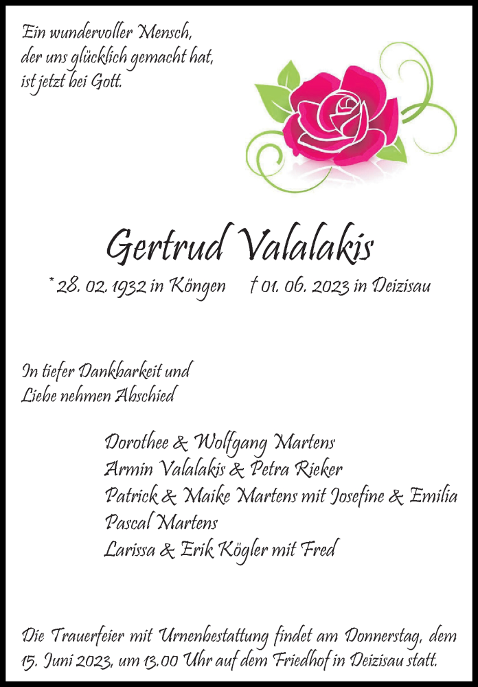  Traueranzeige für Gertrud Valalakis vom 10.06.2023 aus Eßlinger Zeitung/Cannstatter Zeitung