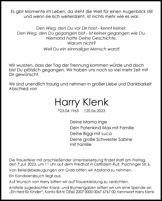 Traueranzeige von Harry Klenk von Eßlinger Zeitung/Cannstatter Zeitung