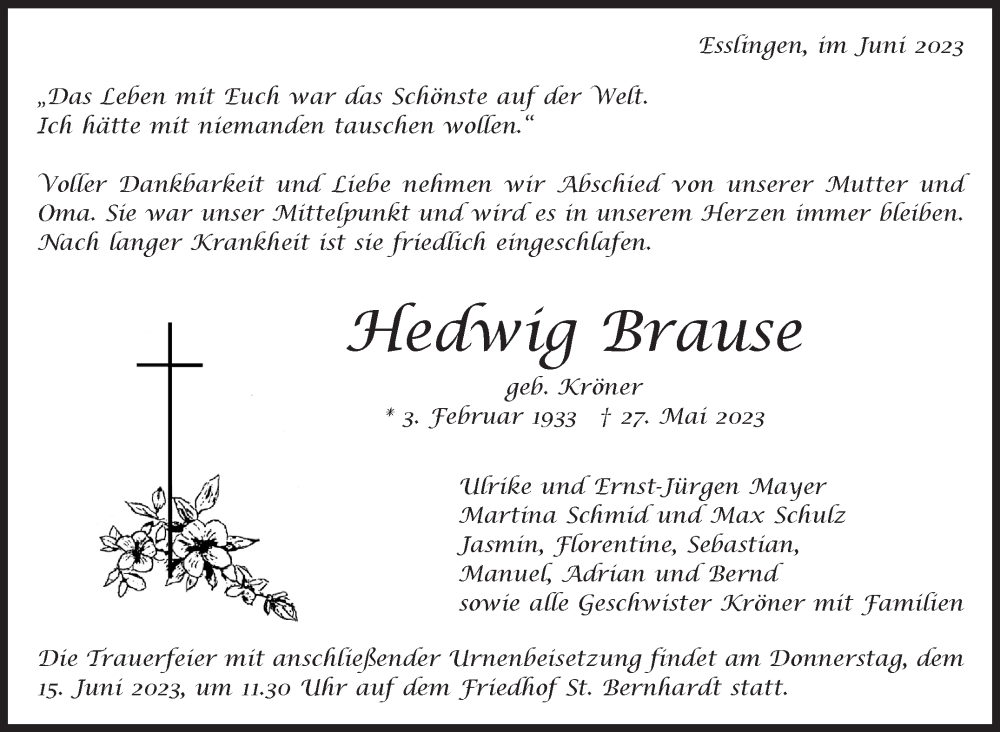 Traueranzeige für Hedwig Brause vom 03.06.2023 aus Eßlinger Zeitung/Cannstatter Zeitung