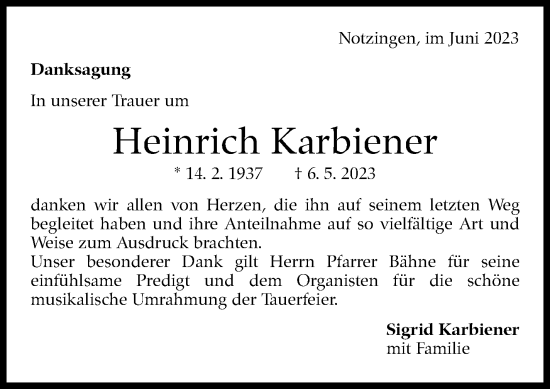 Traueranzeige von Heinrich Karbiener von Eßlinger Zeitung/Cannstatter Zeitung
