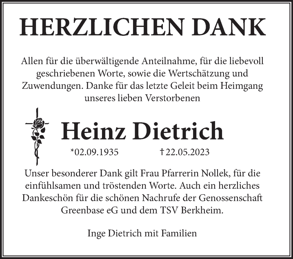  Traueranzeige für Heinz Dietrich vom 13.06.2023 aus Eßlinger Zeitung/Cannstatter Zeitung