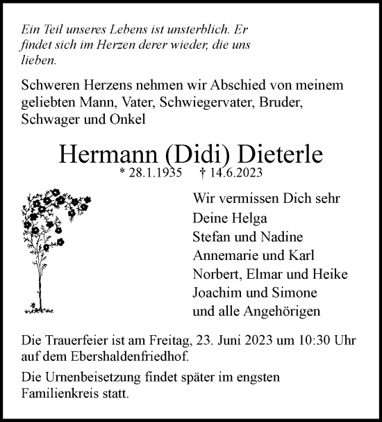 Traueranzeige von Hermann Dieterle von Eßlinger Zeitung/Cannstatter Zeitung
