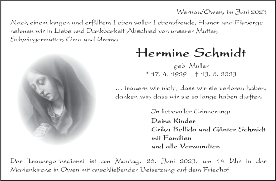 Traueranzeige von Hermine Schmidt von Eßlinger Zeitung/Cannstatter Zeitung