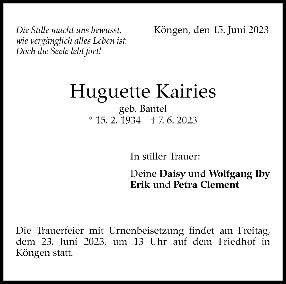  Traueranzeige für Huguette Kairies vom 15.06.2023 aus Eßlinger Zeitung/Cannstatter Zeitung