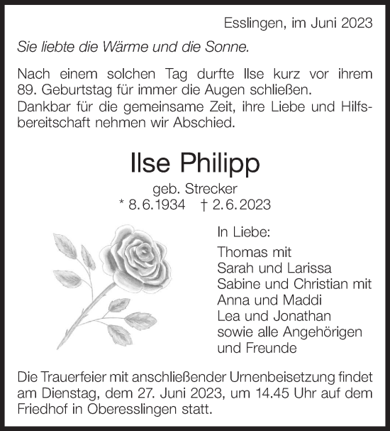 Traueranzeige von Ilse Philipp von Eßlinger Zeitung/Cannstatter Zeitung