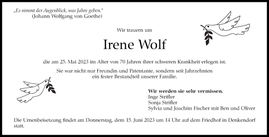 Traueranzeige von Irene Wolf von Eßlinger Zeitung/Cannstatter Zeitung