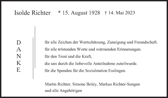 Traueranzeige von Isolde Richter von Eßlinger Zeitung/Cannstatter Zeitung