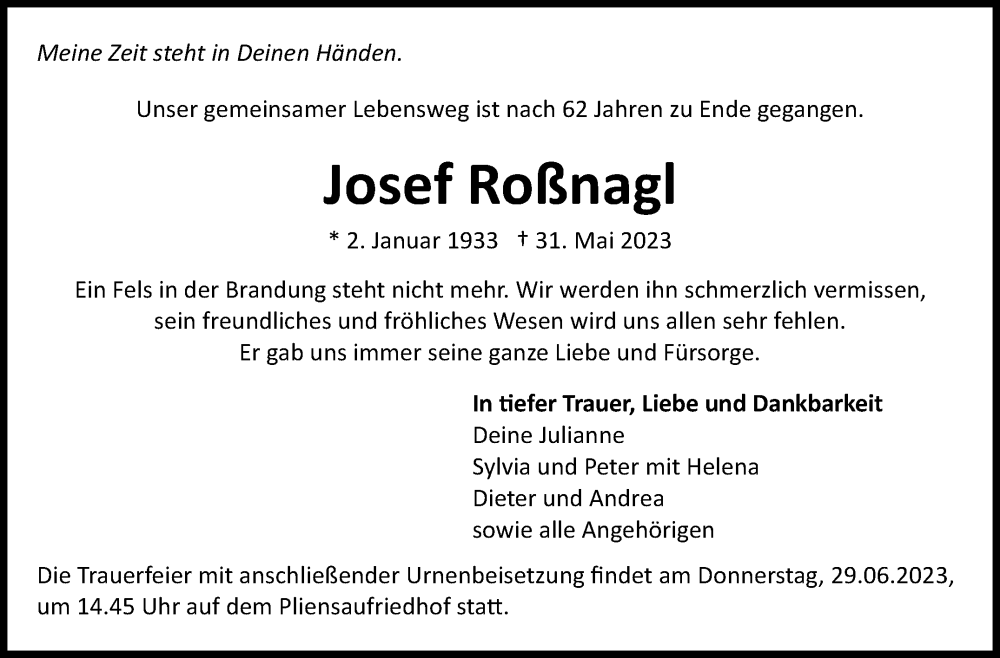  Traueranzeige für Josef Roßnagl vom 09.06.2023 aus Eßlinger Zeitung/Cannstatter Zeitung