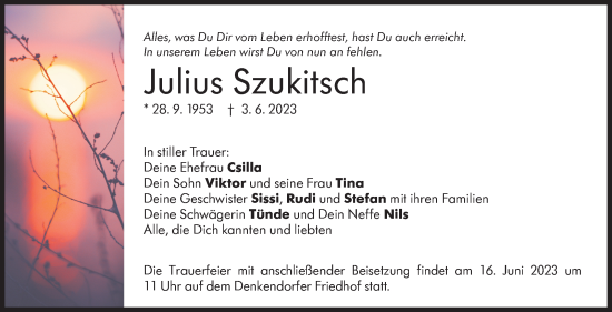 Traueranzeige von Julius Szukitsch von Eßlinger Zeitung/Cannstatter Zeitung