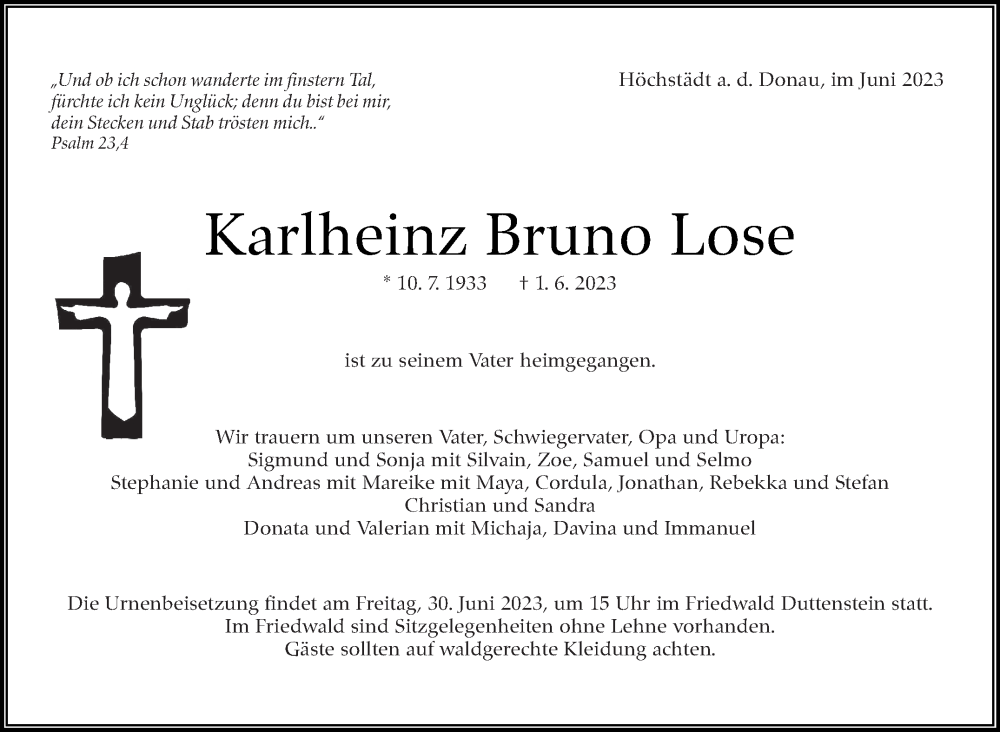 Traueranzeige für Karlheinz Bruno Lose vom 27.06.2023 aus Eßlinger Zeitung/Cannstatter Zeitung