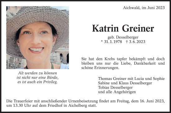 Traueranzeige von Katrin Greiner von Eßlinger Zeitung/Cannstatter Zeitung