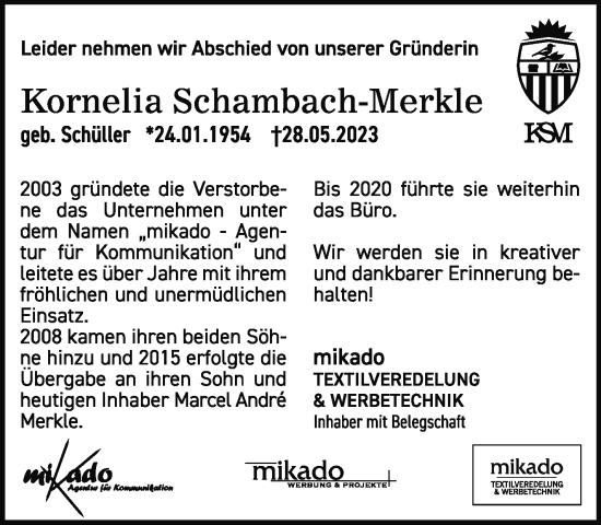 Traueranzeige von Kornelia Schambach-Merkle von Eßlinger Zeitung/Cannstatter Zeitung