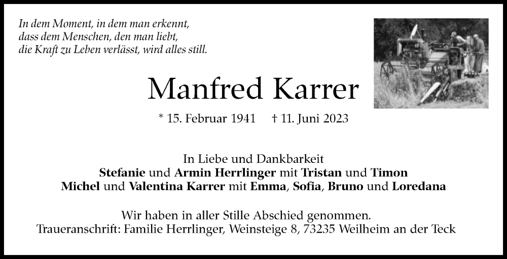  Traueranzeige für Manfred Karrer vom 24.06.2023 aus Eßlinger Zeitung/Cannstatter Zeitung