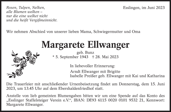 Traueranzeige von Margarete Ellwanger von Eßlinger Zeitung/Cannstatter Zeitung