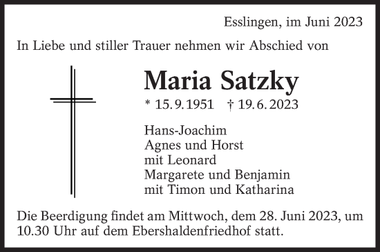 Traueranzeige von Maria Satzky von Eßlinger Zeitung/Cannstatter Zeitung
