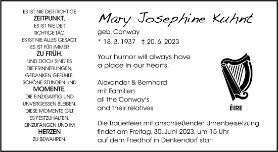 Traueranzeige von Mary Josephine Kuhnt von Eßlinger Zeitung/Cannstatter Zeitung