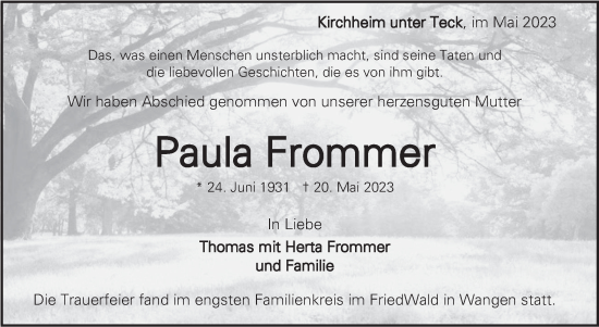 Traueranzeige von Paula Frommer von Eßlinger Zeitung/Cannstatter Zeitung
